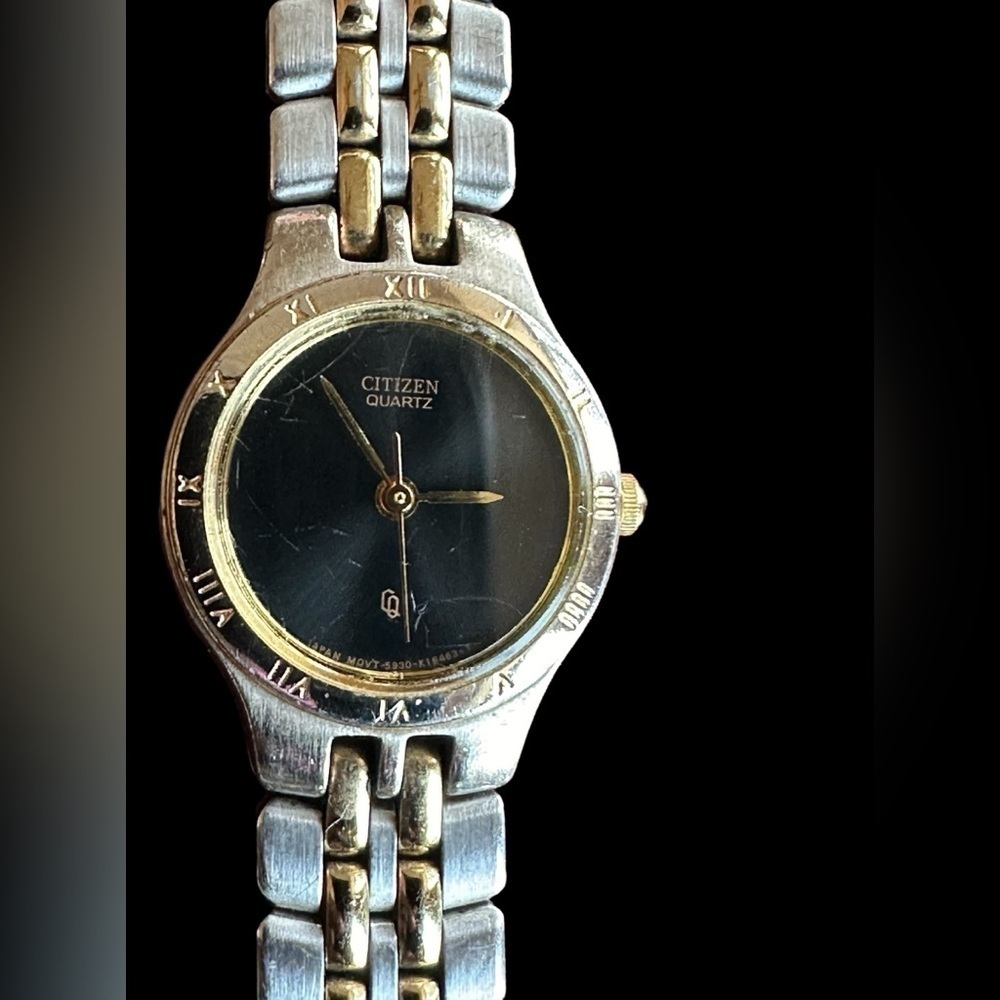Citizen ladies two-tone black face watch with Roman numerals bezel